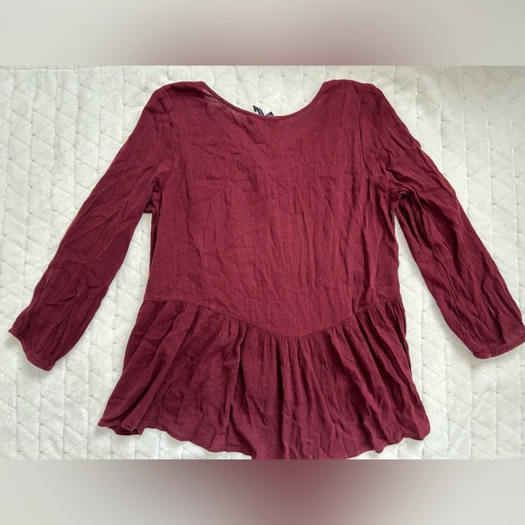 American Eagle Outfitters Burgundy Peplum Embroidered Top with Tassels - Picture 6 of 11